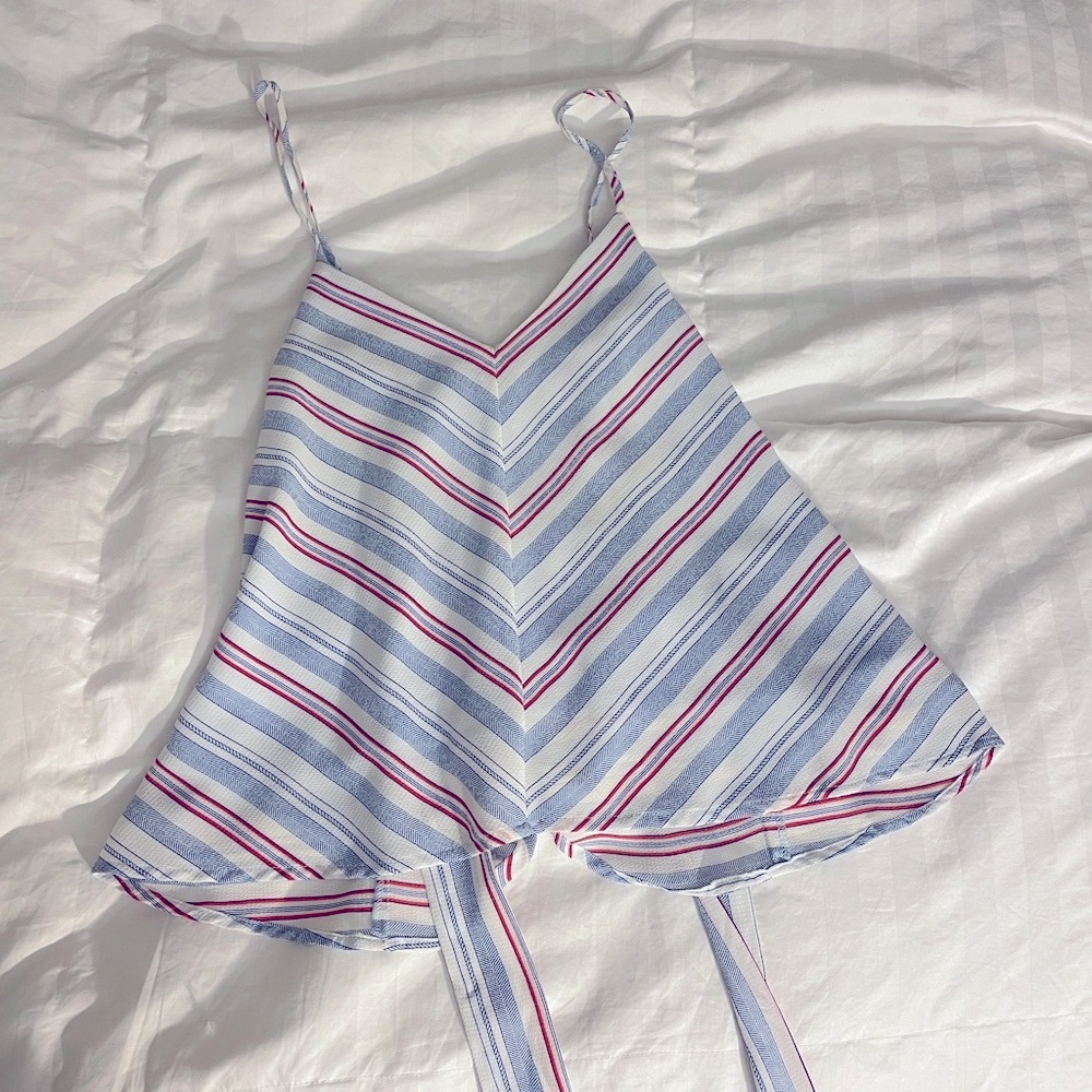 Olivaceous Striped Red, White, and Blue Top